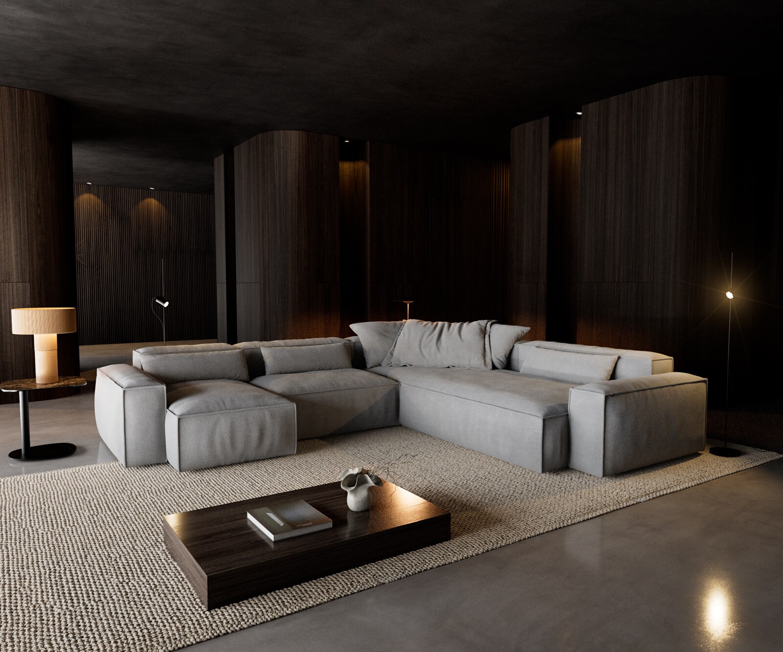 Wohnlandschaft Freestyle 360x290 cm Strukturstoff Soft Grau Kedernaht