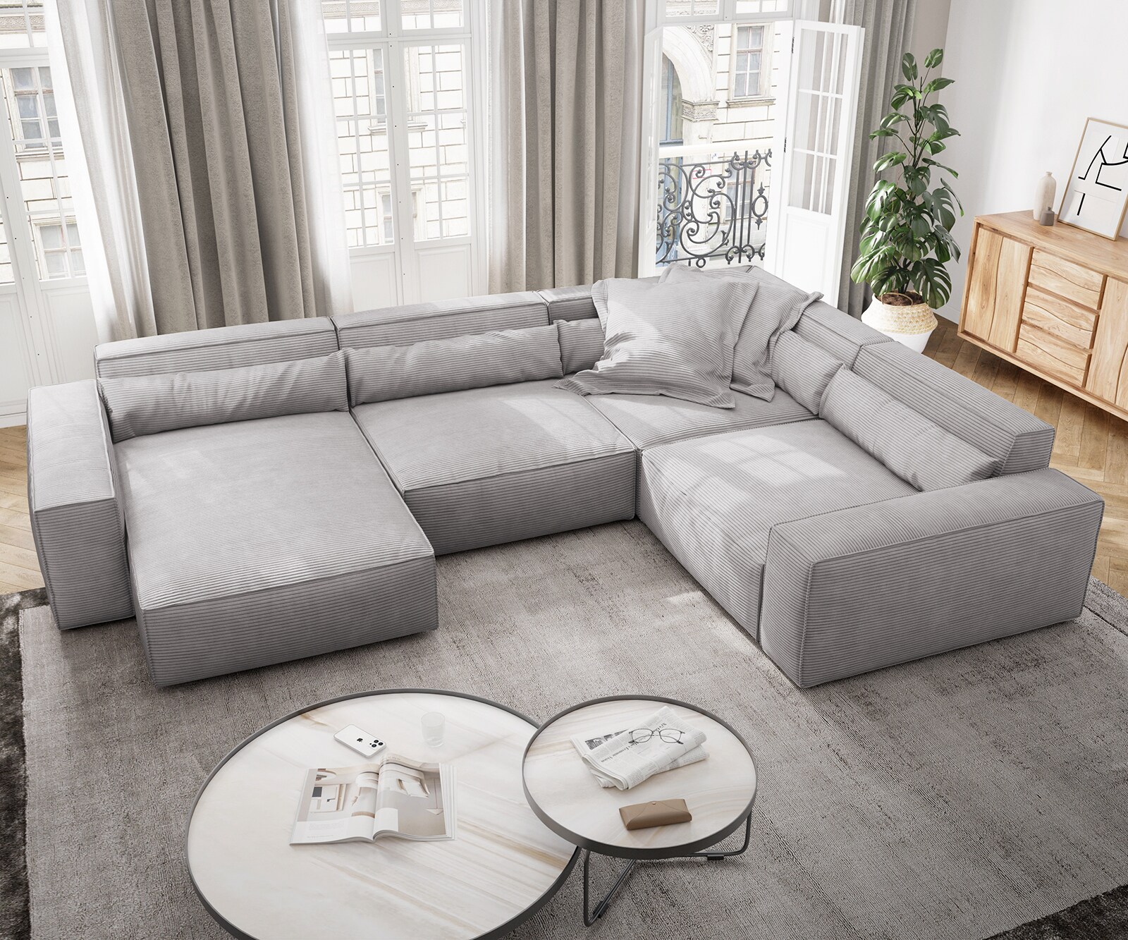 Wohnlandschaft Sirpio XL 360x260 cm Cord Silbergrau Recamiere variabel 3