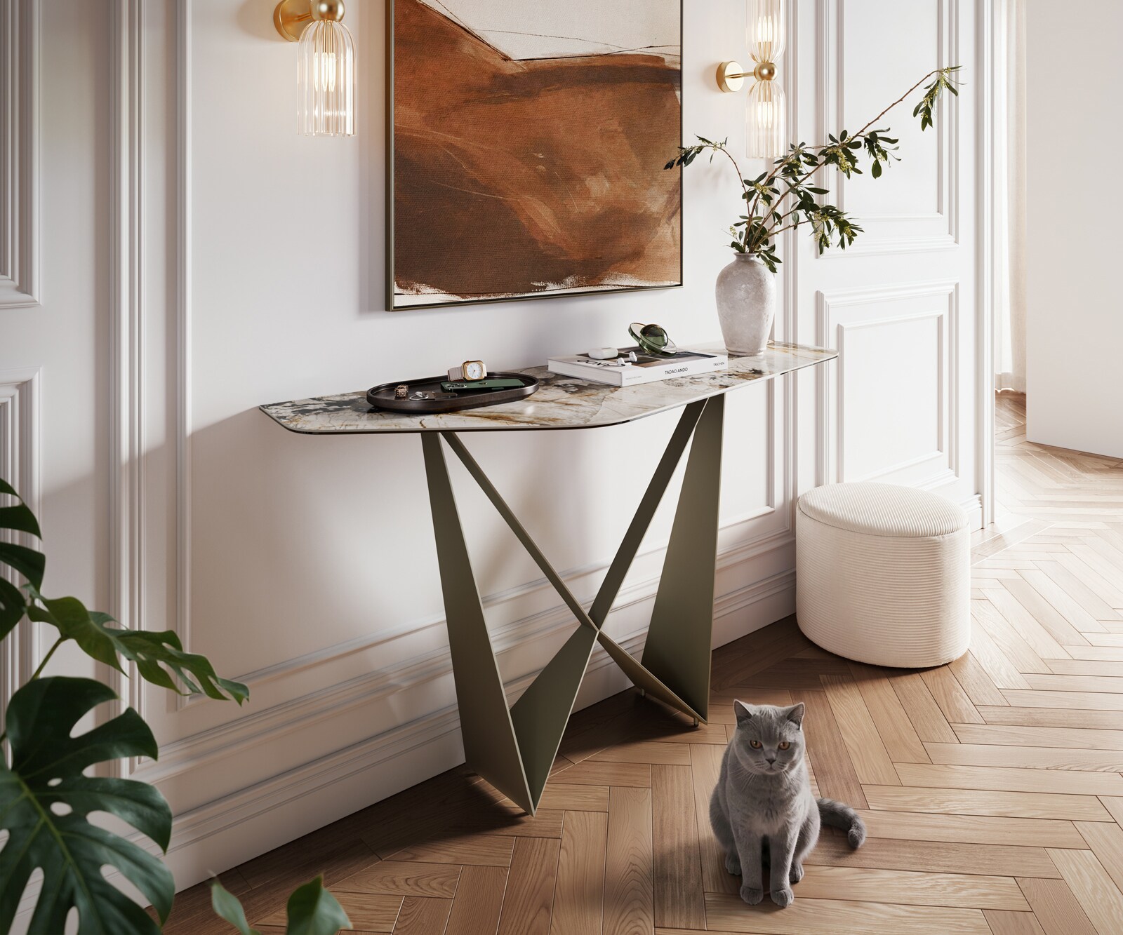 DELIFE Konsolentisch Edge Polygonal 140x50 cm Keramik Patagonia Poliert Spios Metall Effektfinish Titan, Konsolentische - Braun-Beige B140 x T50 x H79