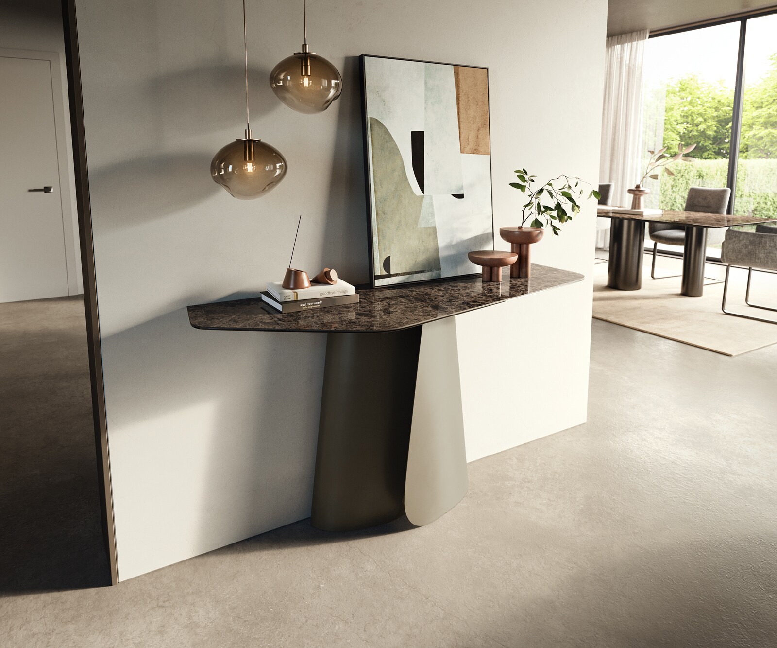 Konsolentisch Edge Polygonal 140x50 cm Keramik Emperador Extra Lucidato Dunkelbraun Livos Metall Effektfinish Titan 3