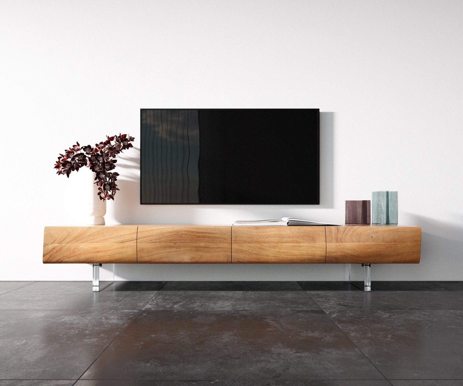 Lowboard New Live-Edge 200 cm Akazie Natur 4 Türen Acrylfuß 4