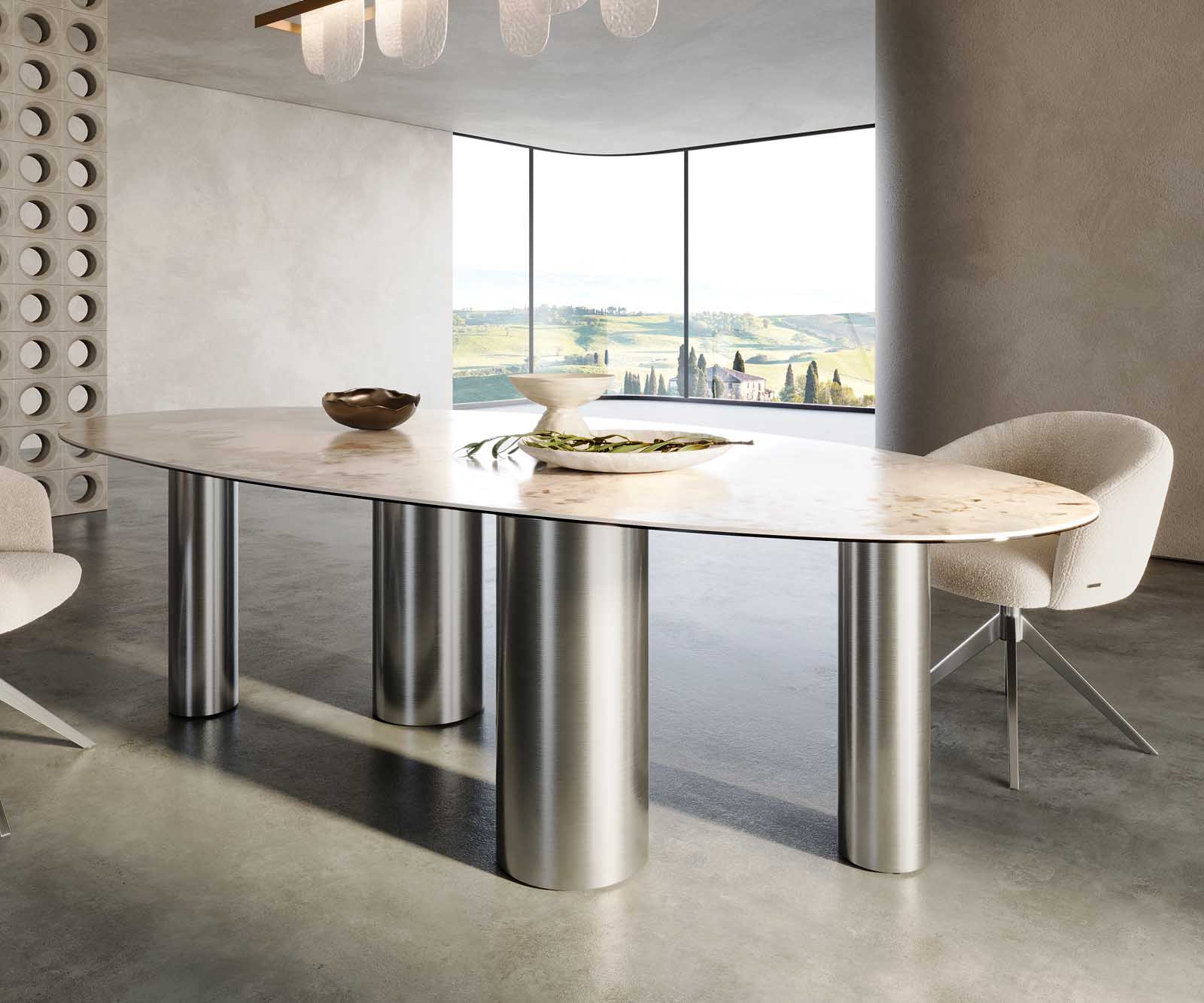 Esstisch Edge Oval 280x130 Keramik Minas Melange Weiß-Beige Pilier Edelstahl 6 Esstisch Edge Oval 280x130 Keramik Minas Melange Weiß-Beige Pilier Edelstahl 6