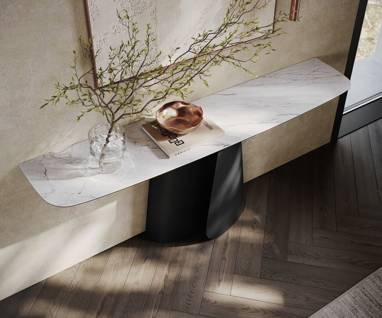 Konsolentisch Edge Boot 180x40 cm Keramik Laminam® Statuarietto Weiß Livos Metall Schwarz 2