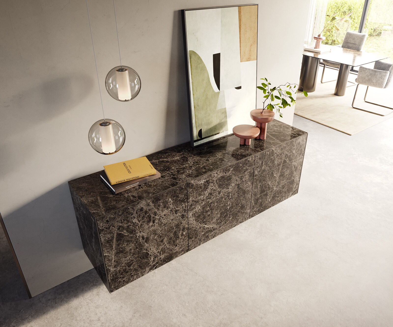 Sideboard Cuor 180 cm Keramik Laminam® Emperador Extra Lucidato Dunkelbraun 2 Türen 3 Schubfächer Schwebend 4