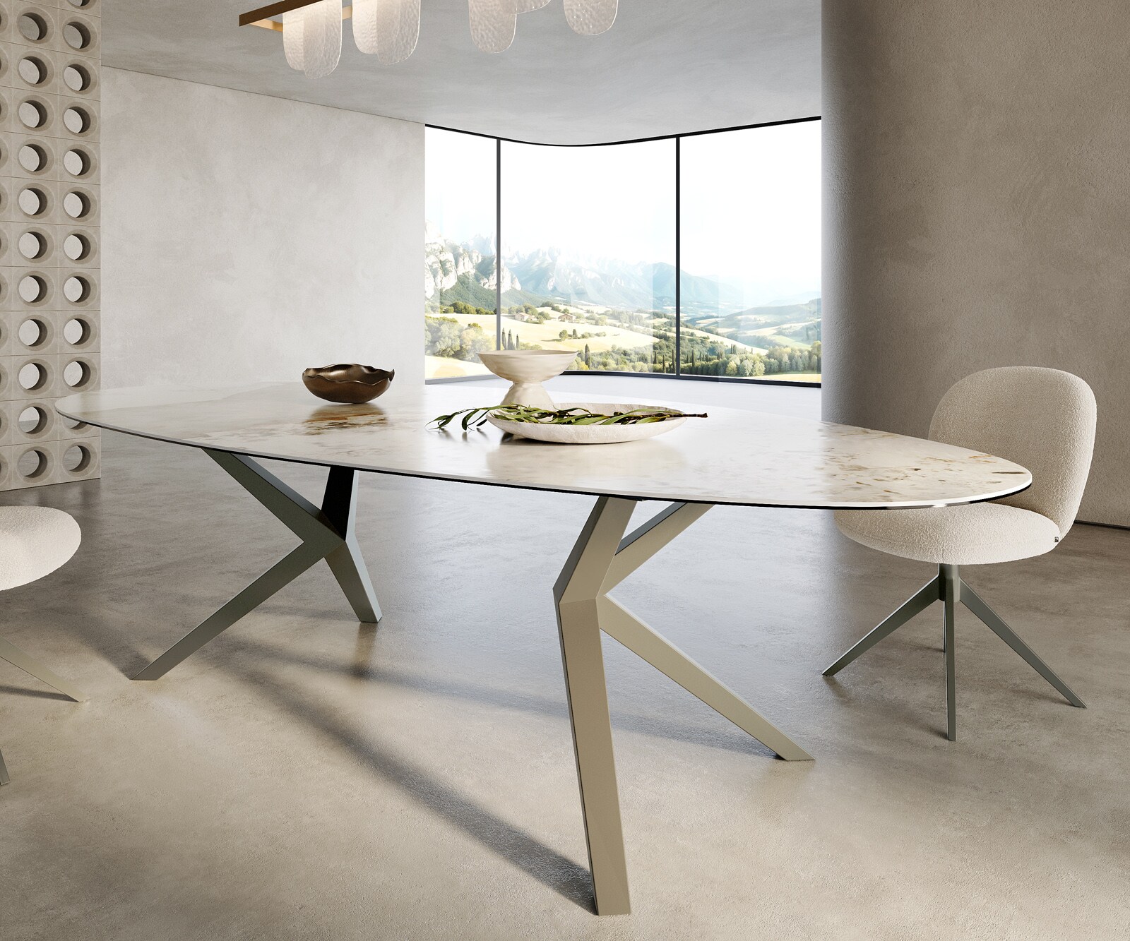 Esstisch Edge Oval 280x130 Keramik Minas Melange Weiß-Beige Zenthara kantig Metall Effektfinish Titan 6