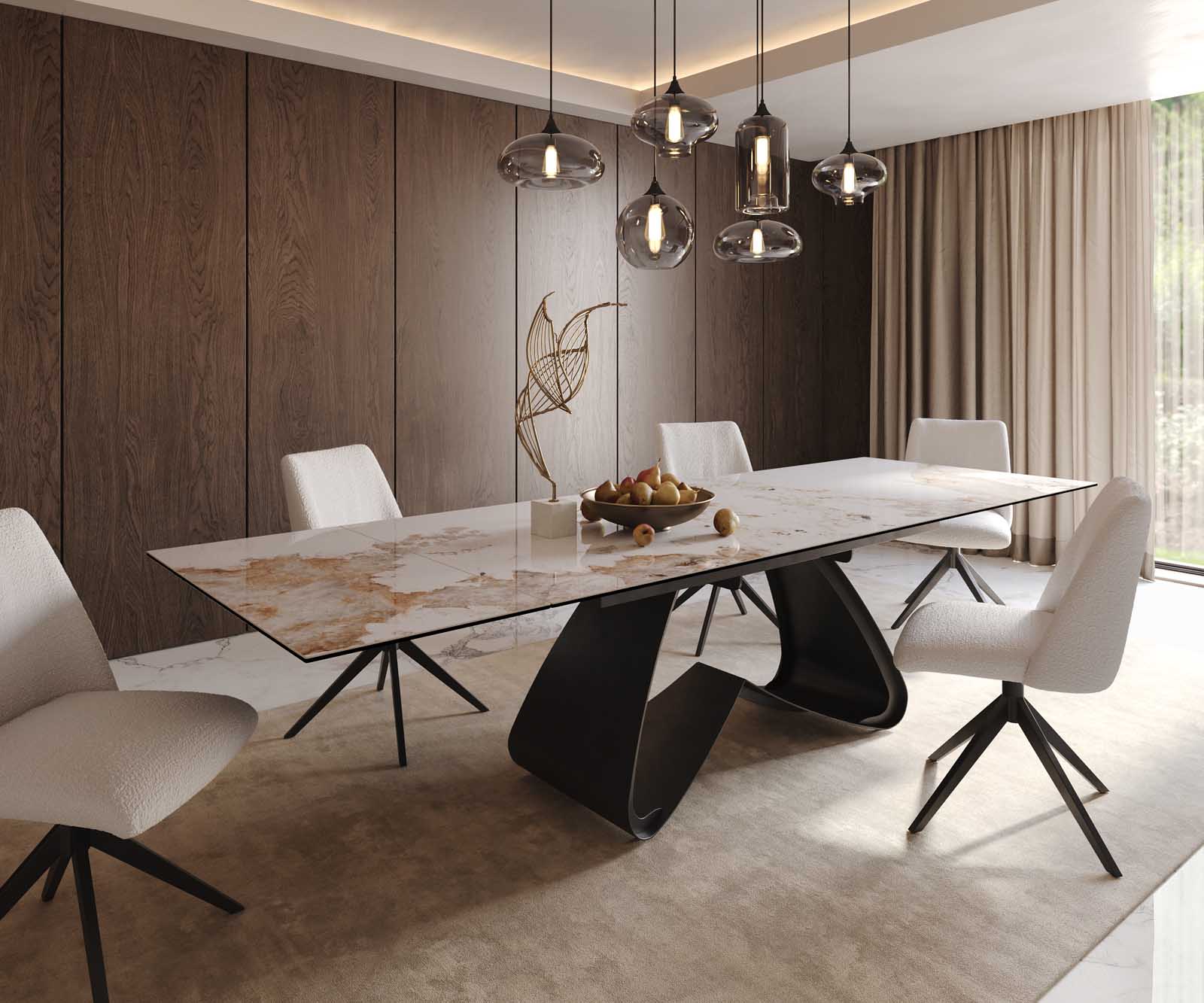 Esstisch Edge 200-300x100 Keramik Minas Melange Weiß-Beige W-Gestell Schwarz ausziehbar