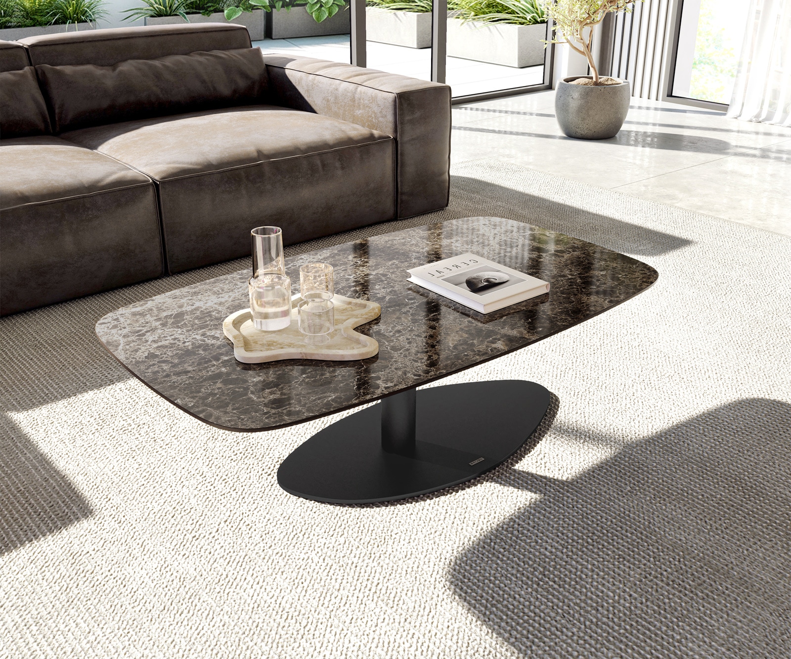 Couchtisch Edge Boot 120x70 cm Keramik Emperador Extra Lucidato Dunkelbraun Vibany Metall Schwarz