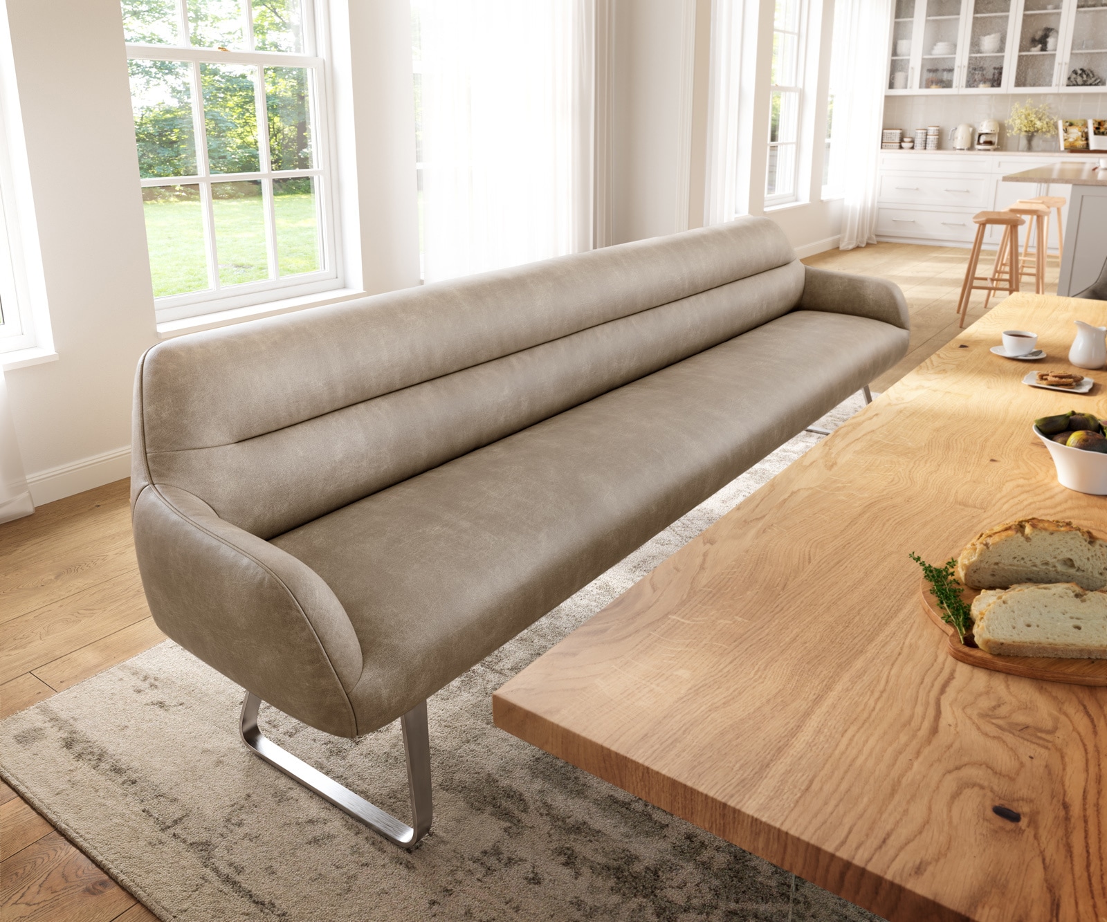 Esszimmerbank Taya-Flex 300 cm Mikrofaser Beige Vintage Kufengestell flach Edelstahl Taschenfederkern