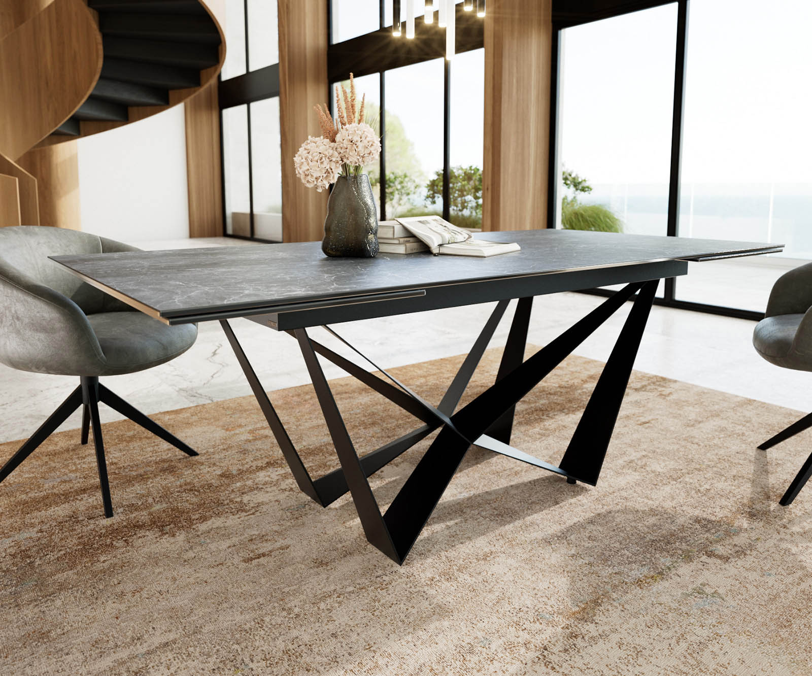 Esstisch Edge 200-300x100 Keramik Laminam®Nero Greco Anthrazit Spider Flachstahl Schwarz ausziehbar 3