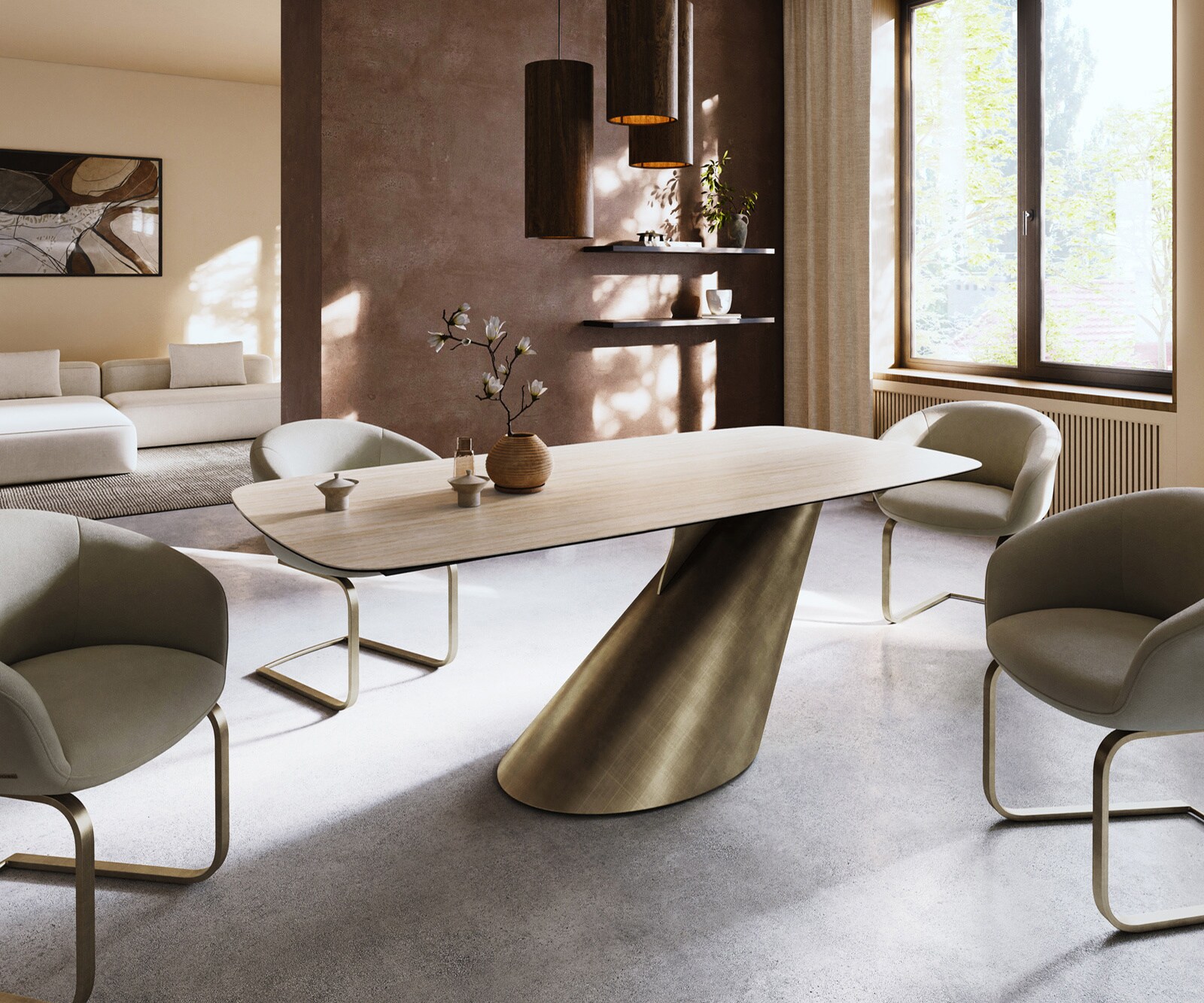 Esstisch Edge Boot 200x100 Keramik Laminam® Travertino Bianco Creme-Weiß Cono Metallic Gold