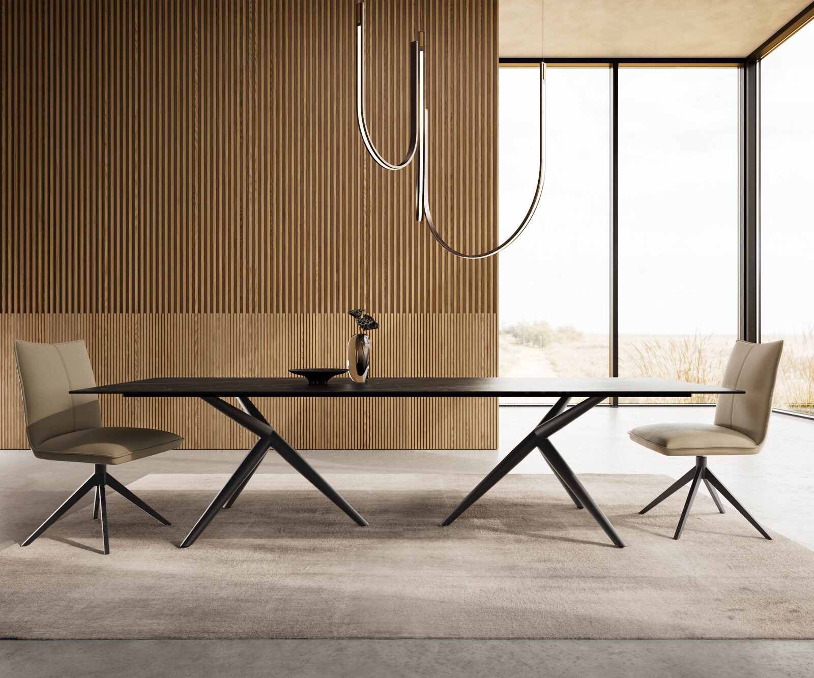 Esstisch Edge 300x100 Keramik Laminam®Noir Desir Braun Estelar rund Metall Schwarz 2