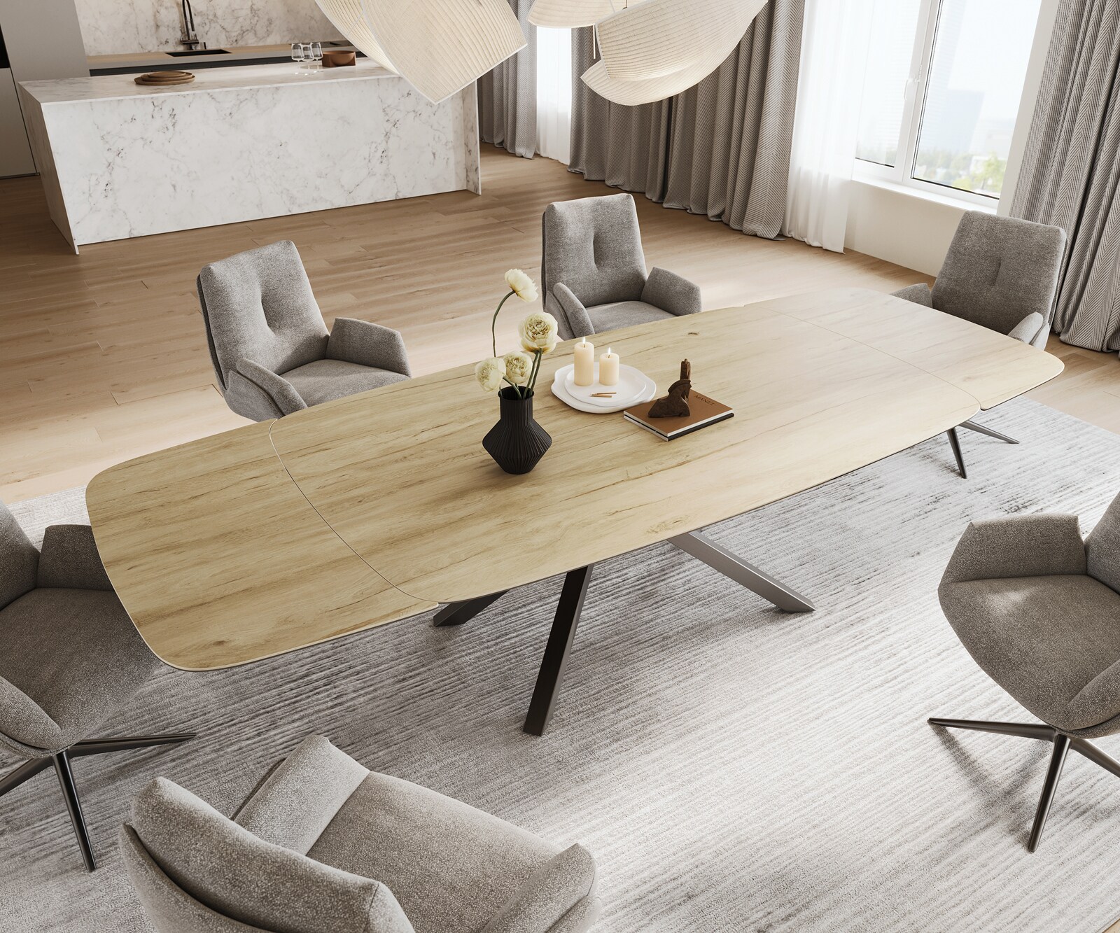 Esstisch Edge Boot 200-300x120 cm Keramik Laminam® Sabbia Eichefarbig Kreuzgestell Rechteck Edelstahl Graphit ausziehbar 4