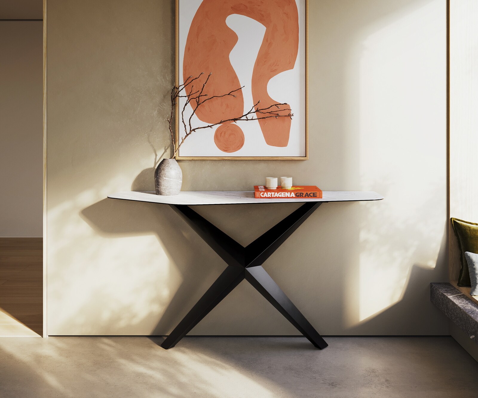 Konsolentisch Edge Polygonal 140x50 cm Keramik Laminam® Statuarietto Weiß Zentharo Metall Schwarz 1