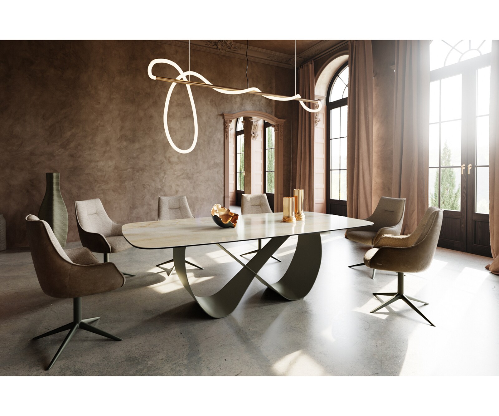 Esstisch Edge Boot 240x120 cm Keramik Iris FMG Onice Oro Infinity Metall Effektfinish Titan 6