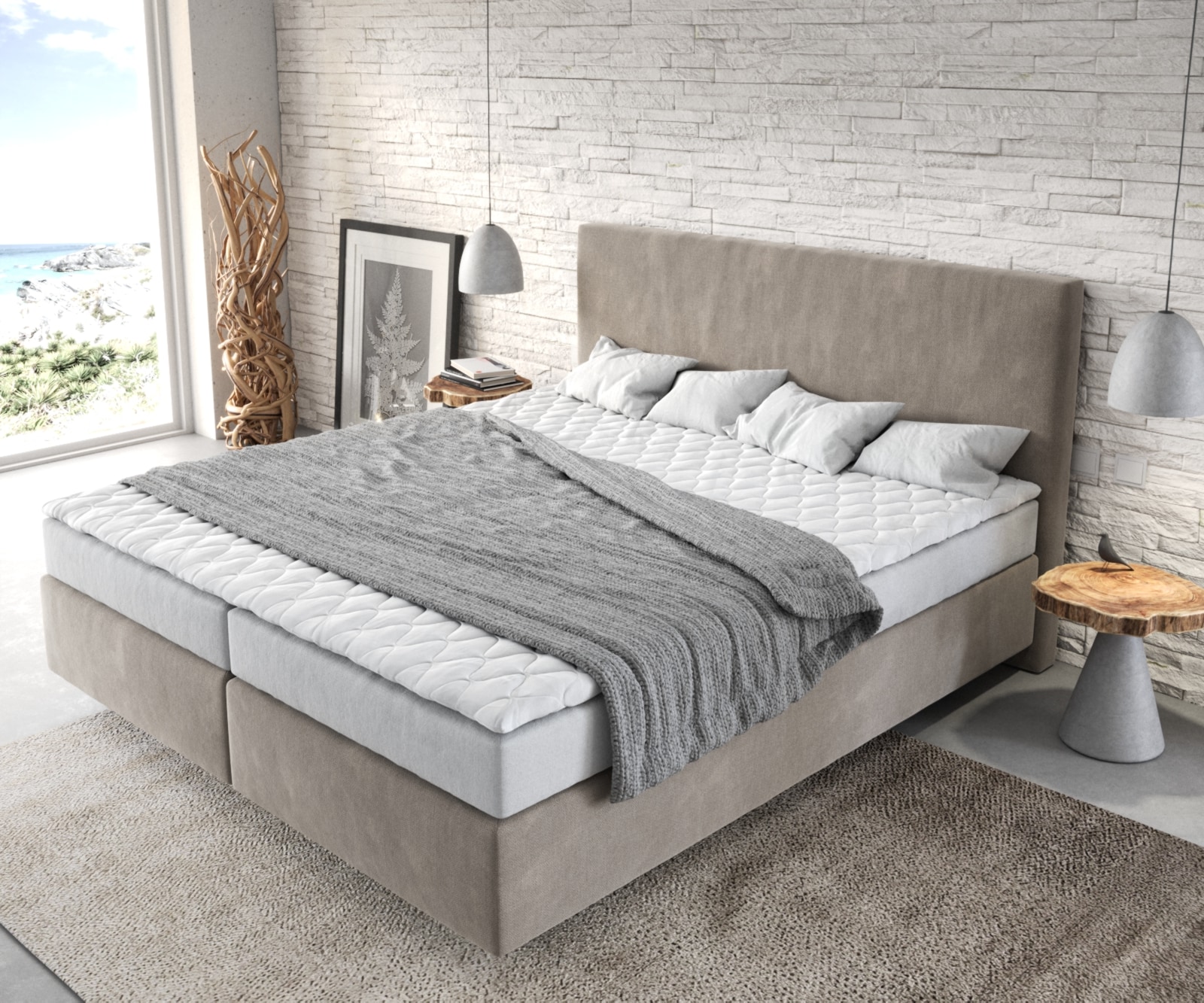 Boxspringbett Dream-Well 180x200 cm Mikrofaser Beige mit Matratze und Topper 4
