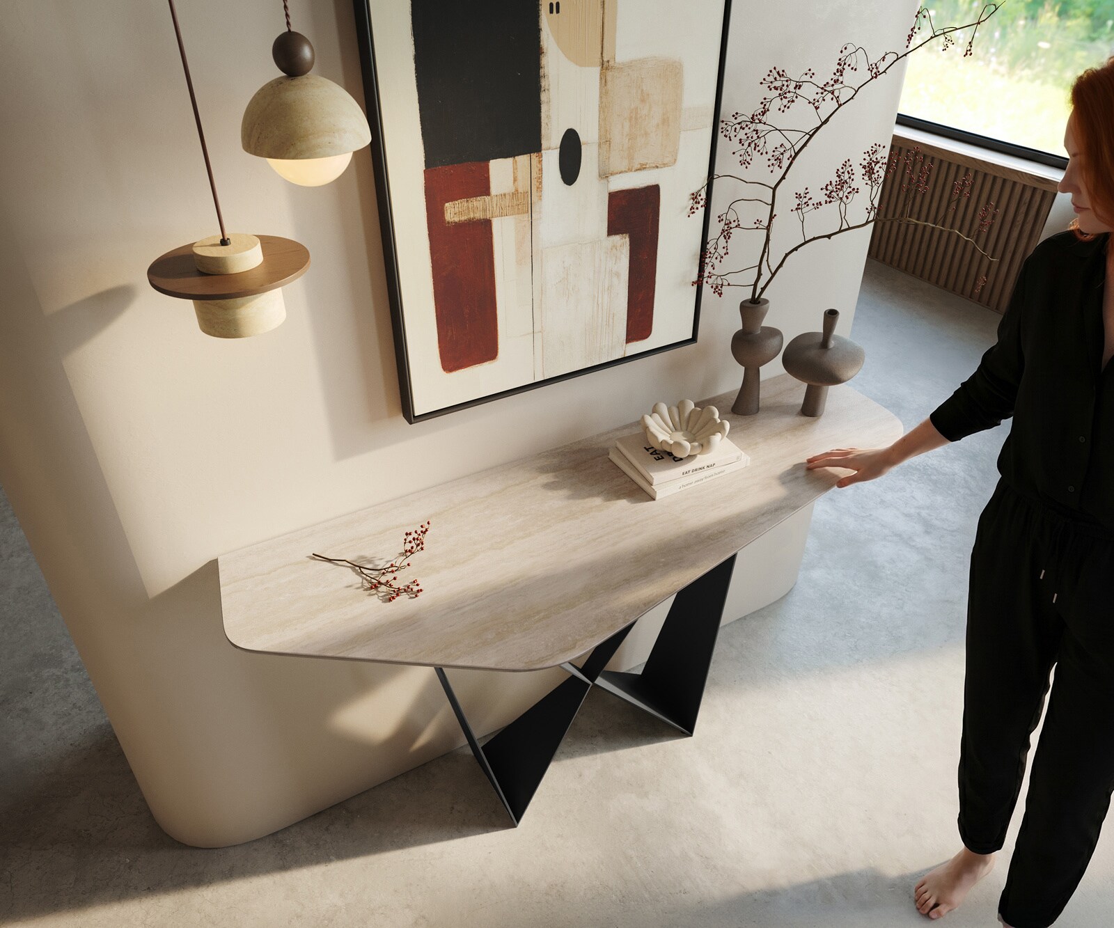 Konsolentisch Edge Polygonal 140x50 cm Keramik Laminam® Travertino Bianco Creme-Weiß Spios Metall Schwarz 2
