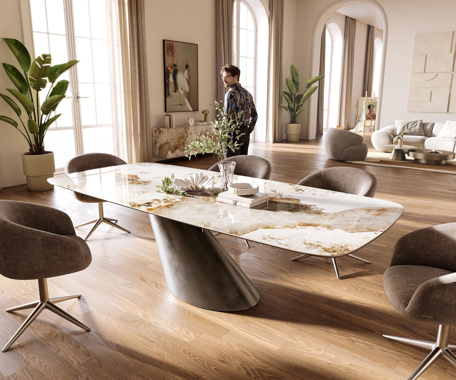 Esstisch Edge Boot 260x120 cm Keramik Minas Melange Weiß-Beige Cono Metallic Silber 1