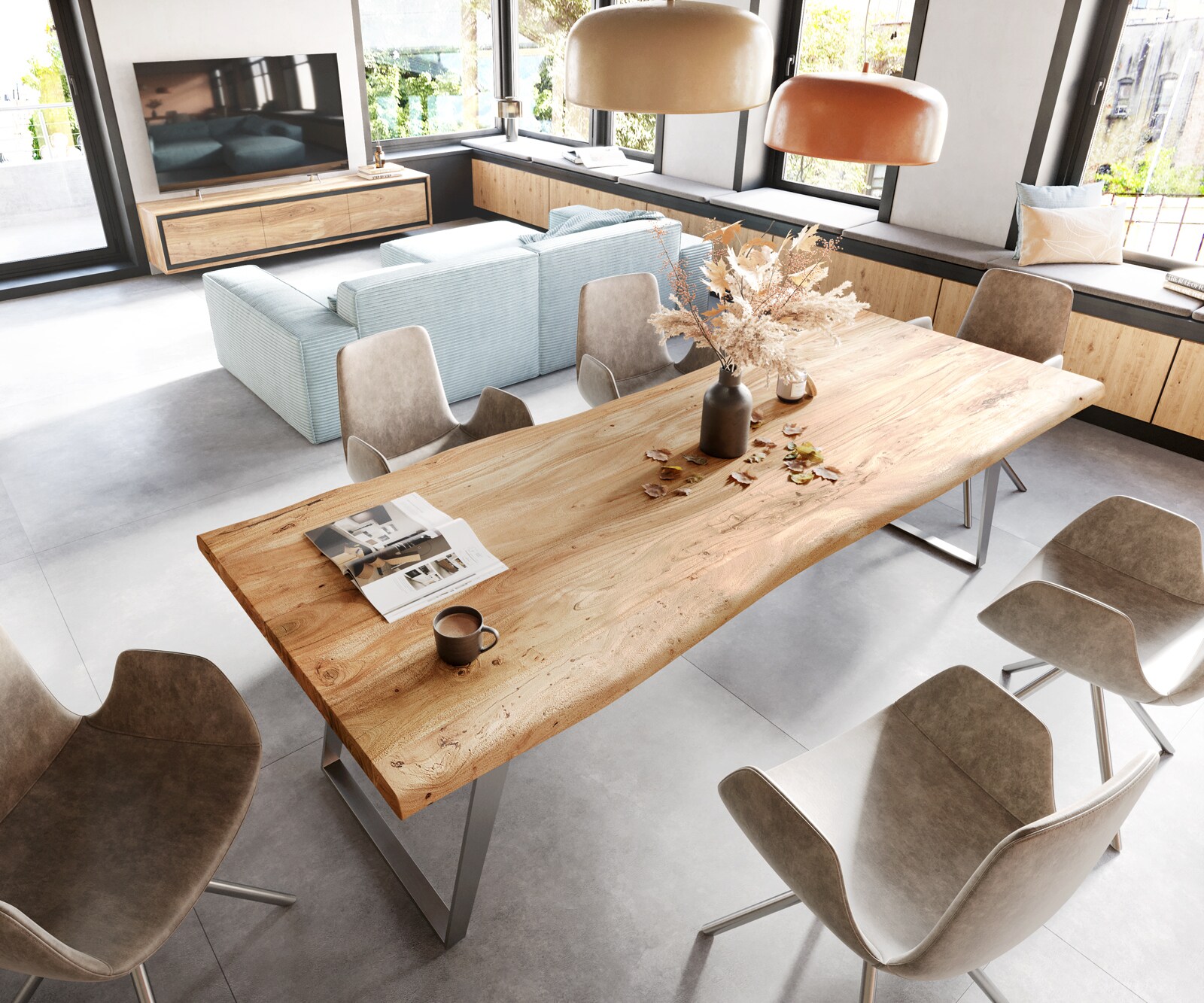 Esstisch Edge 260x100cm XL Akazie Natur Edelstahl Silber schräg Live-Edge 3