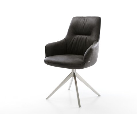Drehstuhl Zelia-Flex mit Armlehnen Mikrofaser Anthrazit Vintage Kreuzgestell breit Edelstahl 360° drehbar Wippfunktion Taschenfederkern