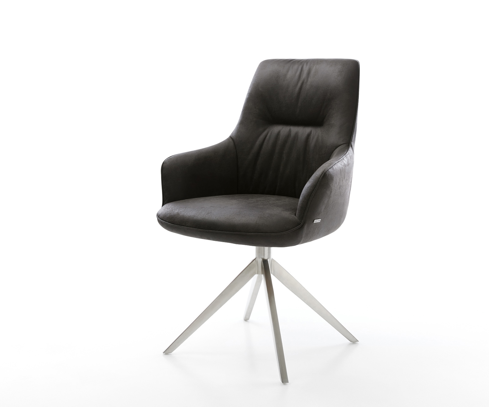 Drehstuhl Zelia-Flex mit Armlehnen Mikrofaser Anthrazit Vintage Kreuzgestell breit Edelstahl 360° drehbar Wippfunktion Taschenfederkern