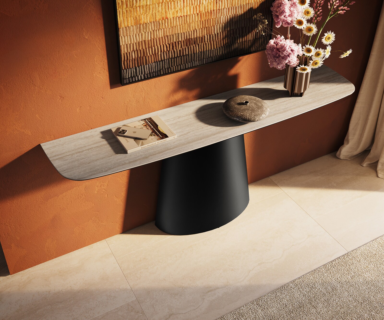 Konsolentisch Edge Boot 180x40 cm Keramik Laminam® Travertino Bianco Creme-Weiß Conos Metall Schwarz 3