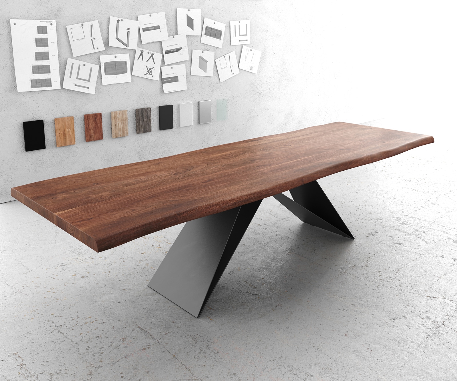Esstisch Edge 300x100 XL Akazie Braun V-Gestell Flachstahl Schwarz Live-Edge Esstisch Edge 300x100 XL Akazie Braun V-Gestell Flachstahl Schwarz Live-Edge