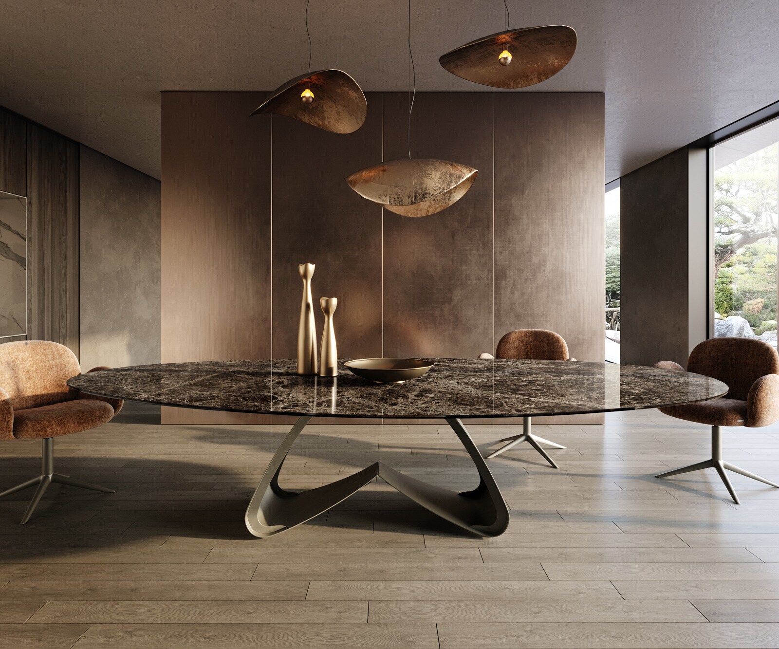 Esstisch Edge Oval 315x150 cm Keramik Emperador Extra Lucidato Dunkelbraun W-Gestell Metall Effektfinish Titan 2