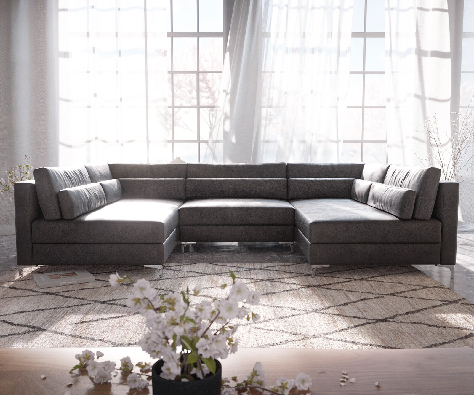 Wohnlandschaft Elio 300x185 cm Lederimitat Vintage Anthrazit mit Hocker 1
