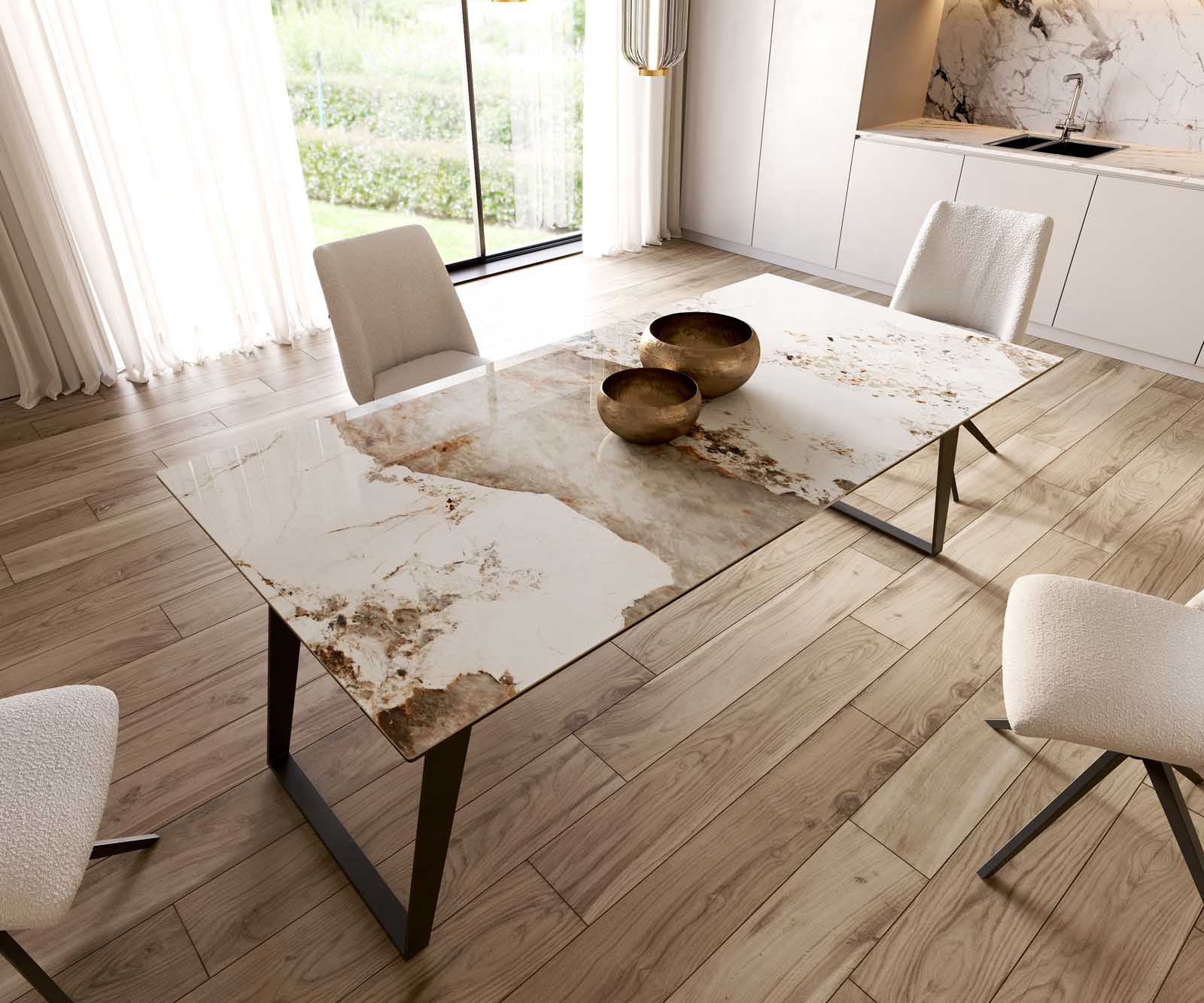 Esstisch Edge 200x100 Keramik Minas Melange Weiß-Beige Metall Schräg Schwarz 5