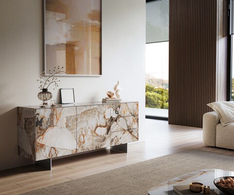 Sideboard Cuor 180 cm Keramik Patagonia Poliert 2 Türen 3 Schubfächer Fuß Schwebeoptik Edelstahl