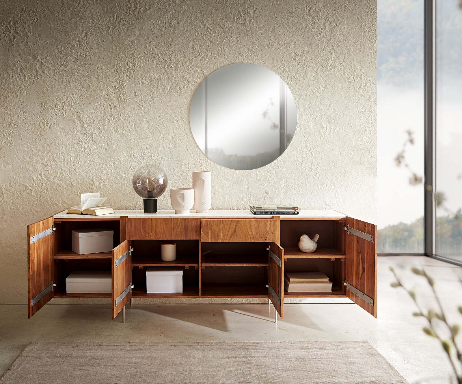 Sideboard Secara 200 cm Akazie Natur 4 Türen 2 Schübe Marmor Füße Edelstahl 3