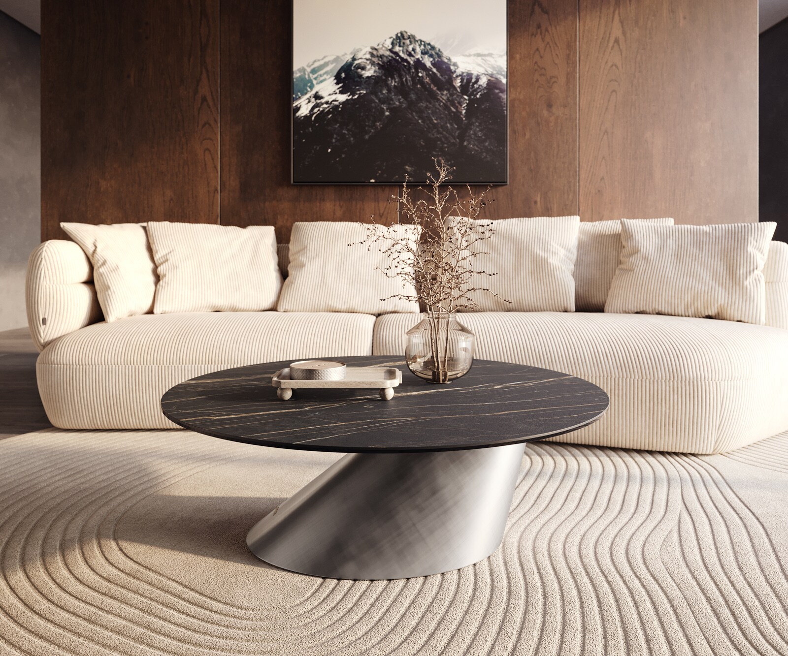 Couchtisch Edge Rund 100x100 cm Keramik Laminam® Noir Desir Braun Conis Metallic Silber 6