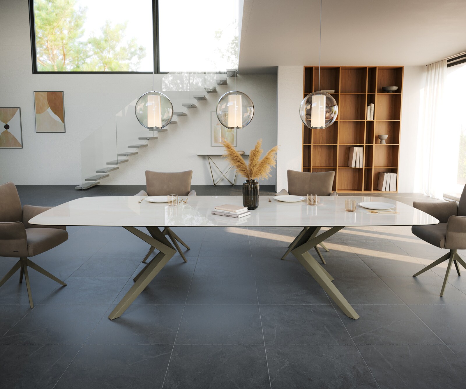 Esstisch Edge Boot 300x120 cm Keramik Onyx Champagne Zenthara Metall Effektfinish Titan 1