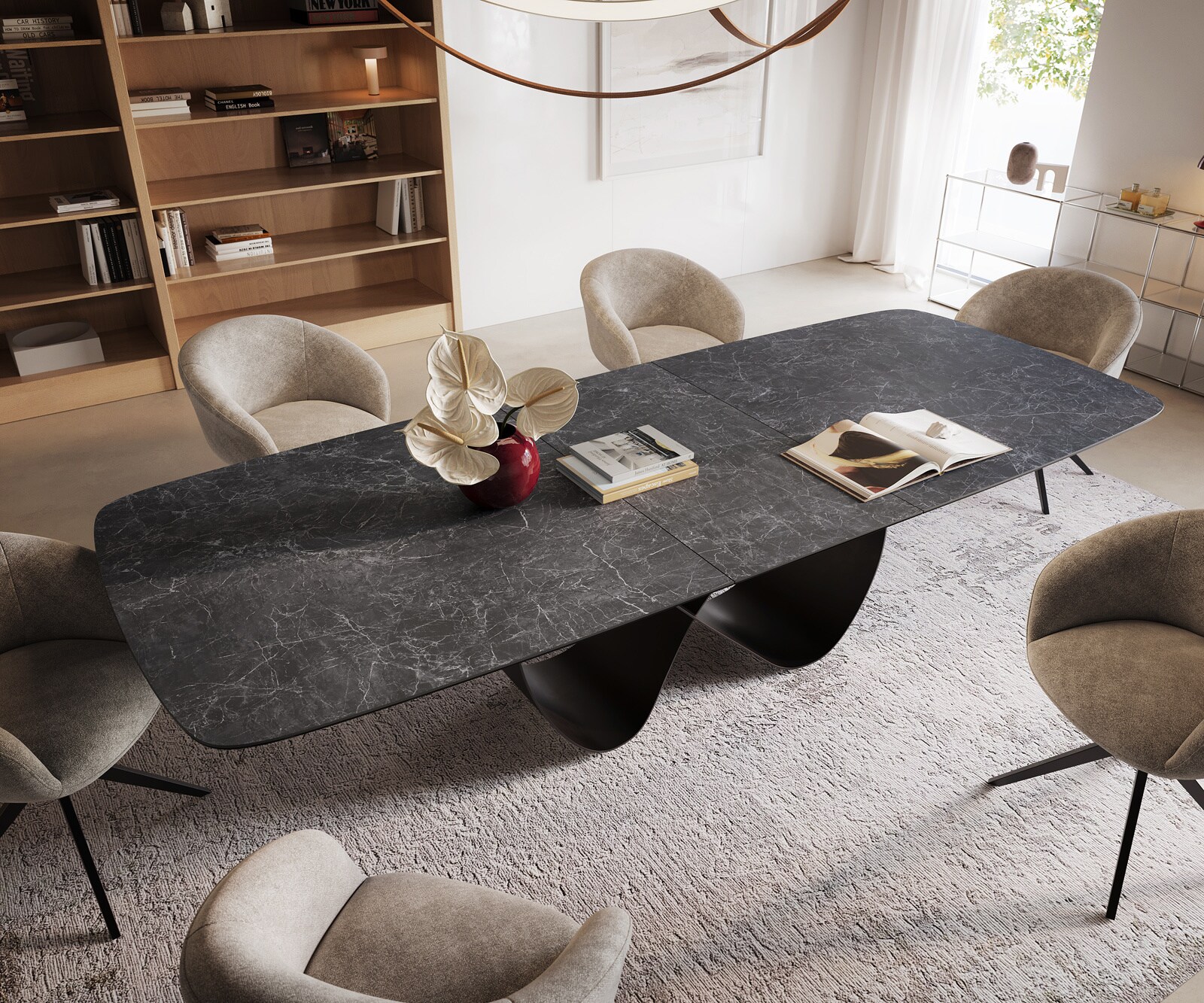 Esstisch Edge Boot 240-300x120 cm Keramik Laminam® Nero Greco Anthrazit Infinity Metall Schwarz ausziehbar 3