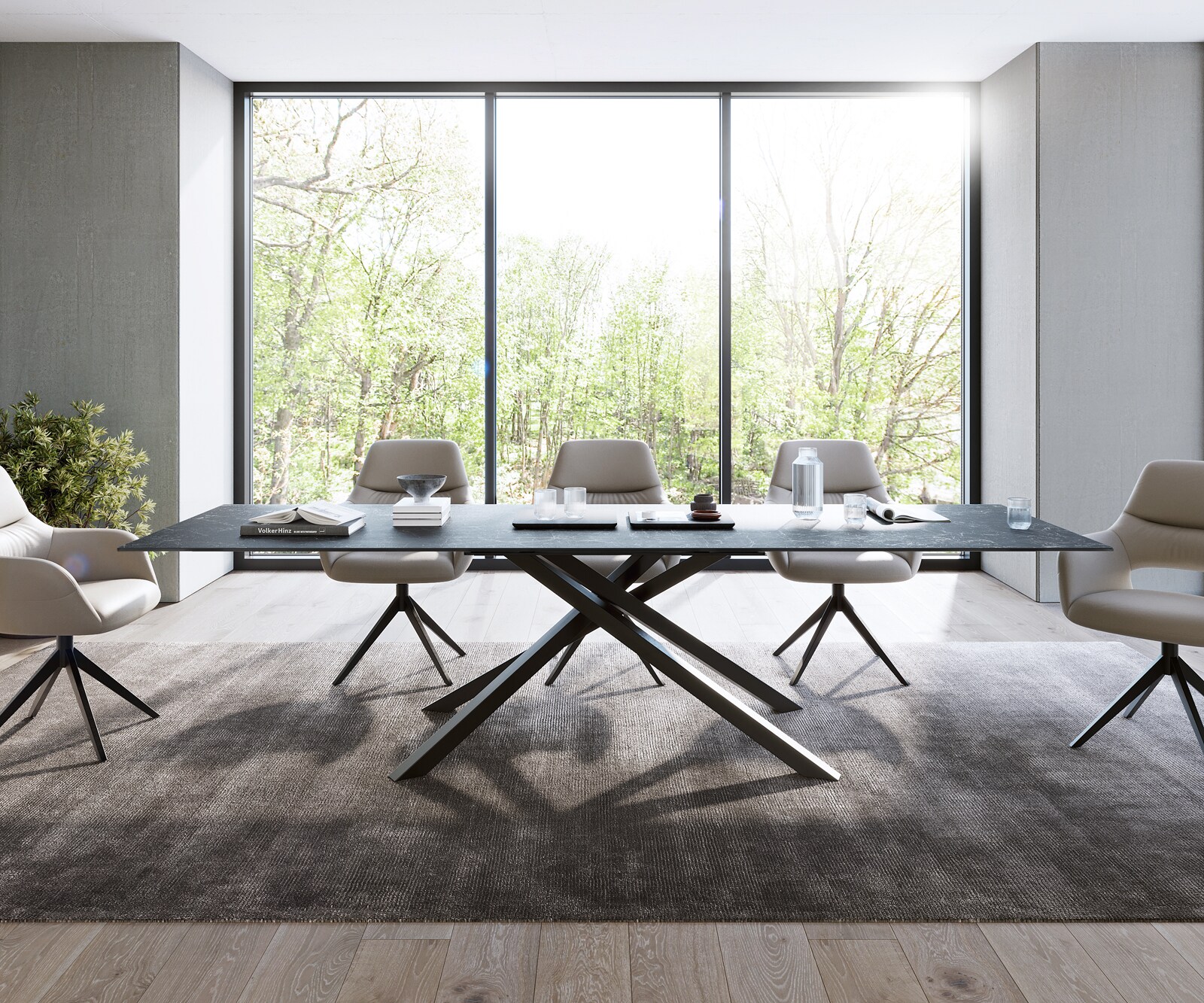 Esstisch Edge 300x100cm Keramik Laminam®Nero Greco Anthrazit Mittelfuß Kreuz Schwarz 1