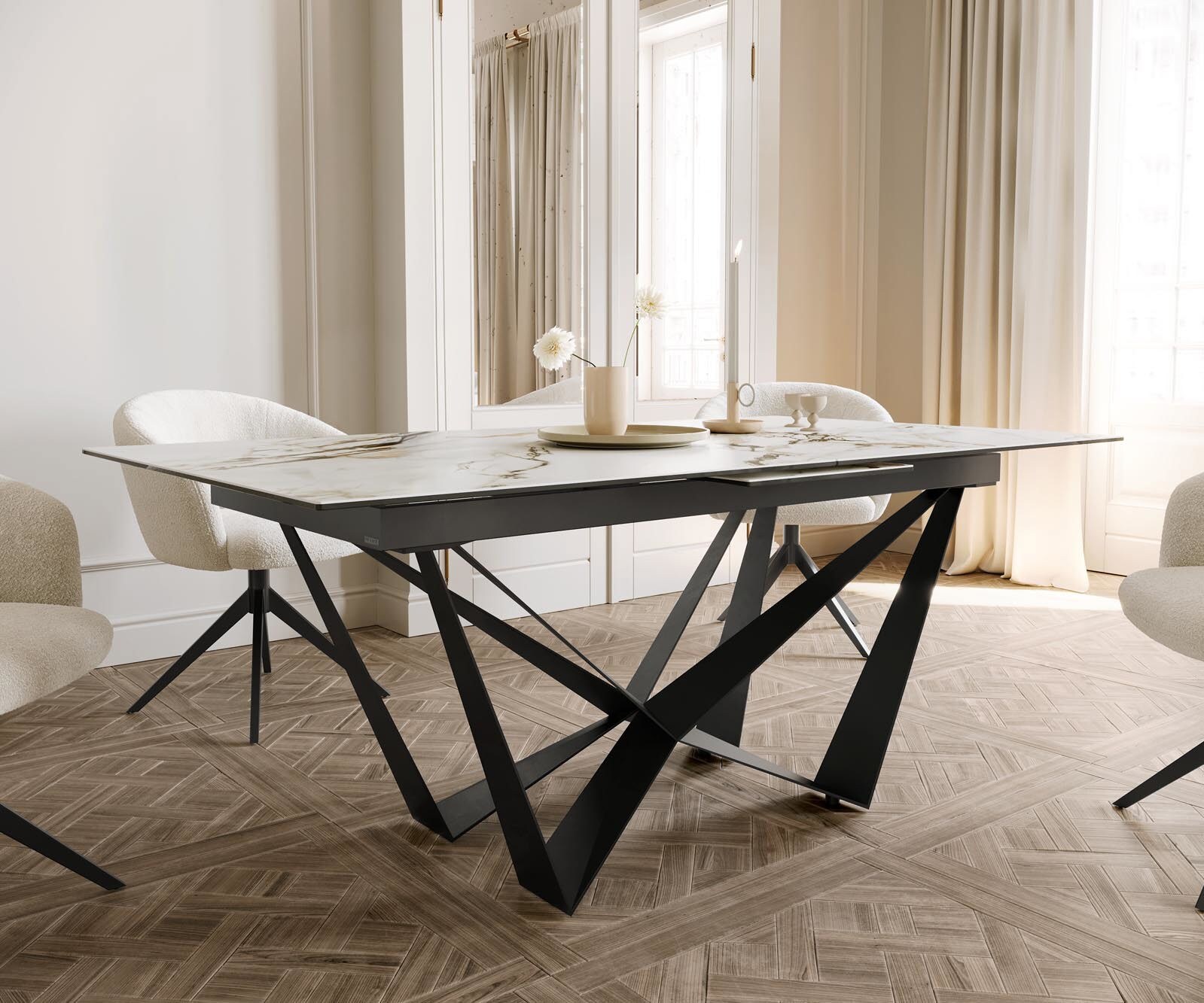 Esstisch Edge 180-220x100 Keramik Calacatta Luxe Weiß-Gold-Grau Spider Flachstahl Schwarz ausziehbar 5