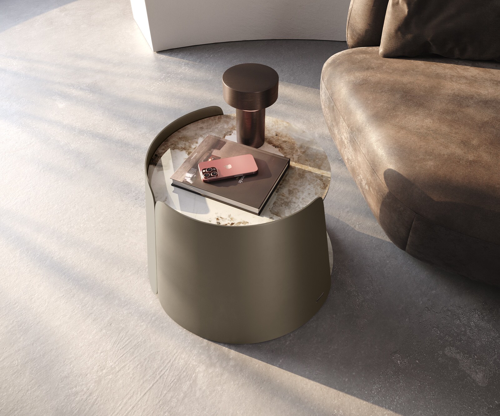 Couchtisch Daban 59x59 cm Keramik Minas Melange Weiß-Beige Gestell Metall Titanfarbig 1