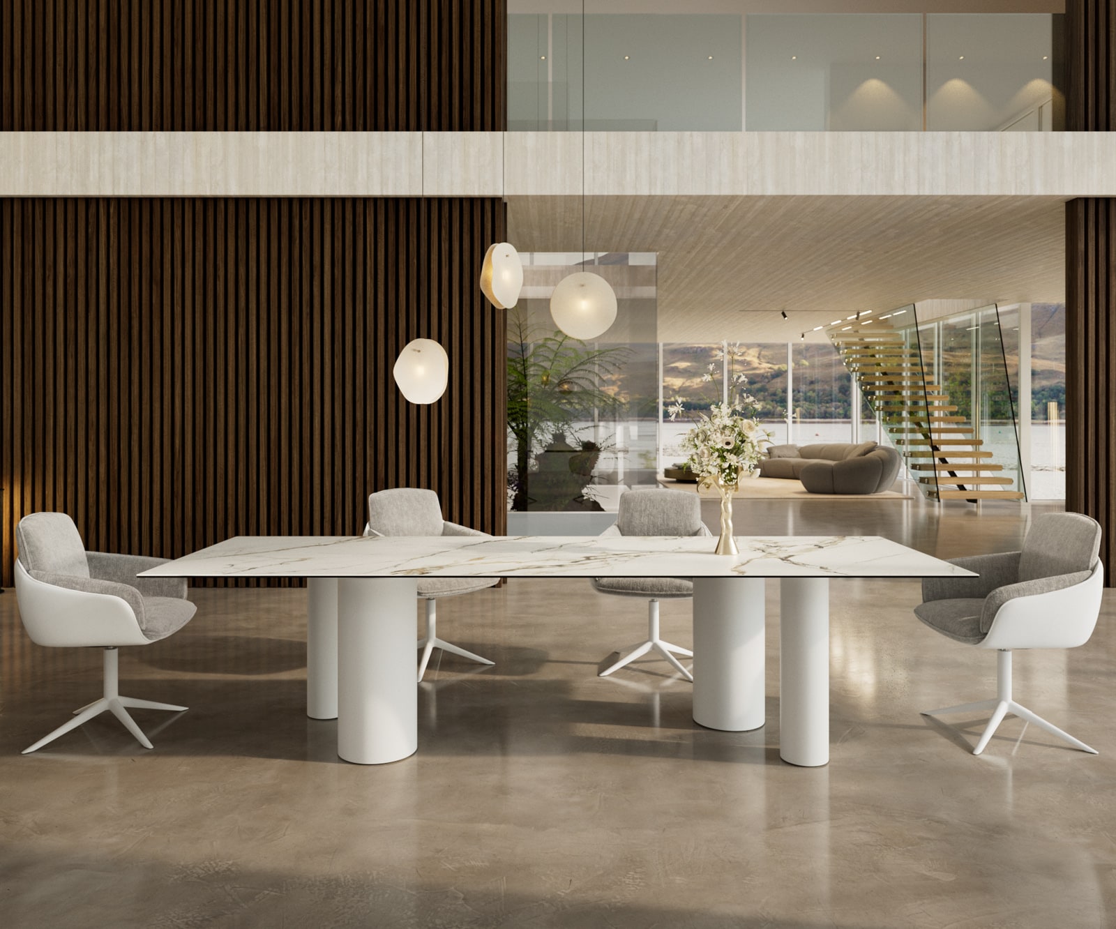 Esstisch Edge 300x100 Keramik Calacatta Luxe Weiß-Gold-Grau Pilier Metall Weiß Esstisch Edge 300x100 Keramik Calacatta Luxe Weiß-Gold-Grau Pilier Metall Weiß