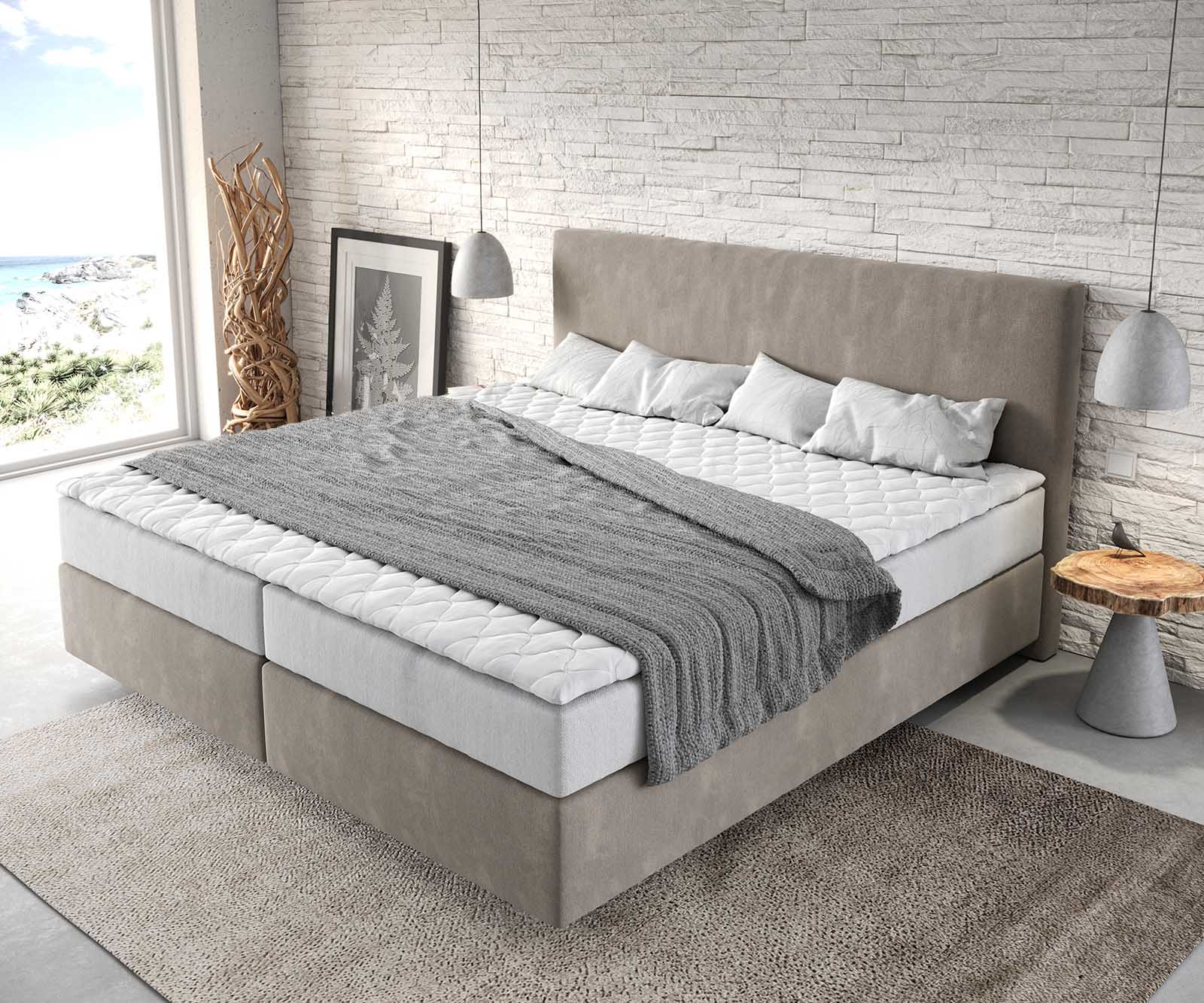 Boxspringbett Dream-Well Mikrofaser Beige 200x200 cm mit Taschenfederkernmatratze und Topper Visco 3