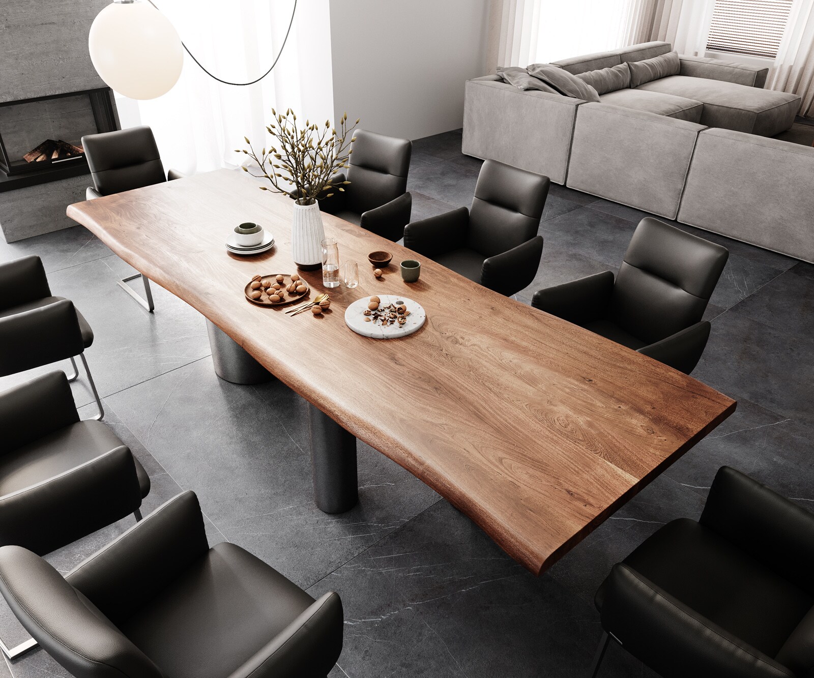 Esstisch Edge 300x100 XL Akazie Braun Troa Edelstahl Graphit Live-Edge 3