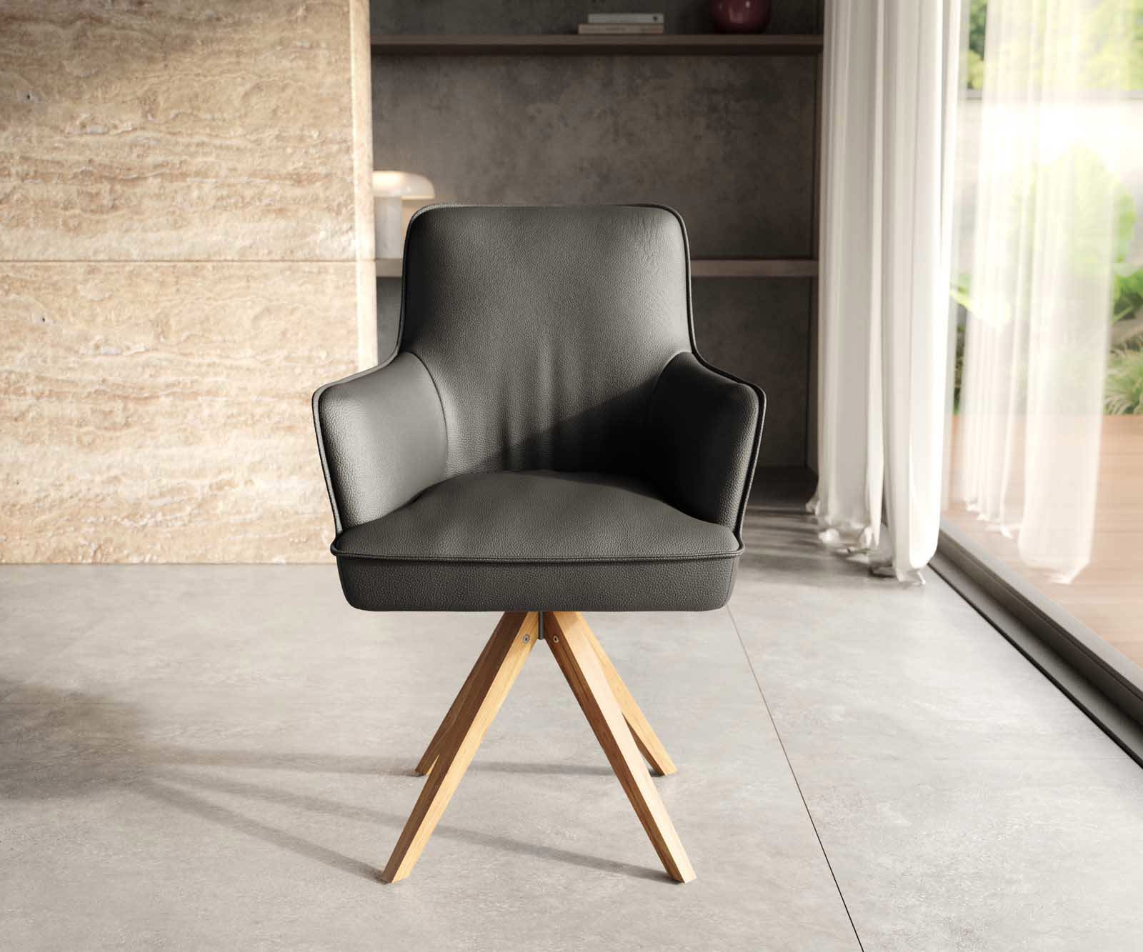 Drehstuhl Heira-Flex mit Armlehnen Echt-Leder Schwarz Holzgestell kantig Natur 180° drehbar Taschenfederkern 2