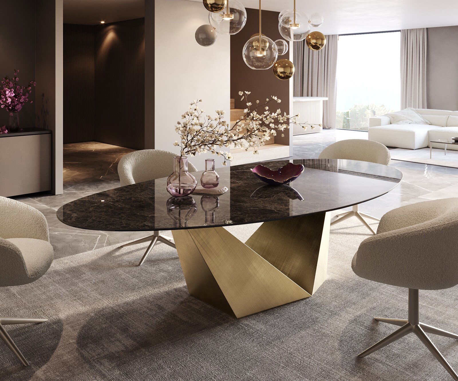DELIFE Esstisch Edge Oval 280x130 Keramik Laminam Emperador Extra Lucidato Dunkelbraun Prisma Metallic Gold