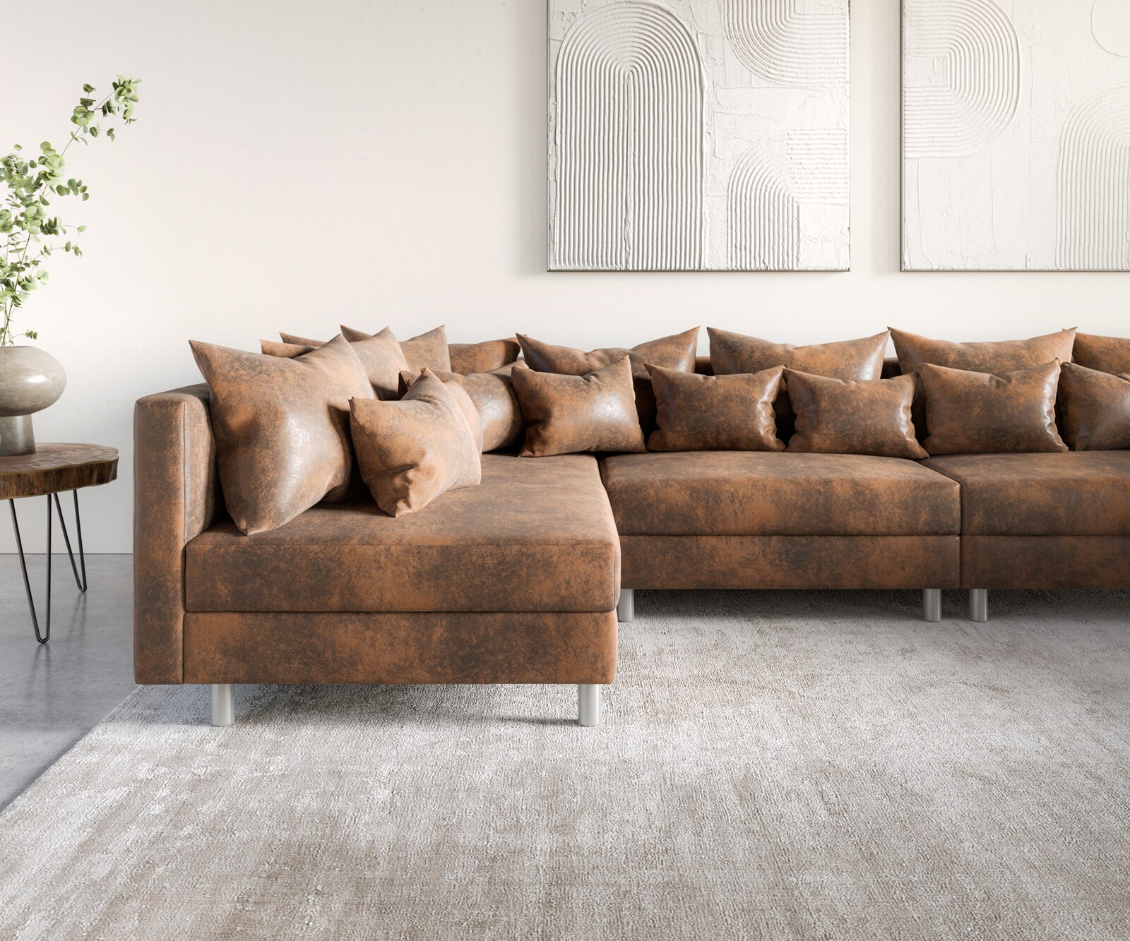Wohnlandschaft Clovis XL Braun Antik Optik modular Hocker  5