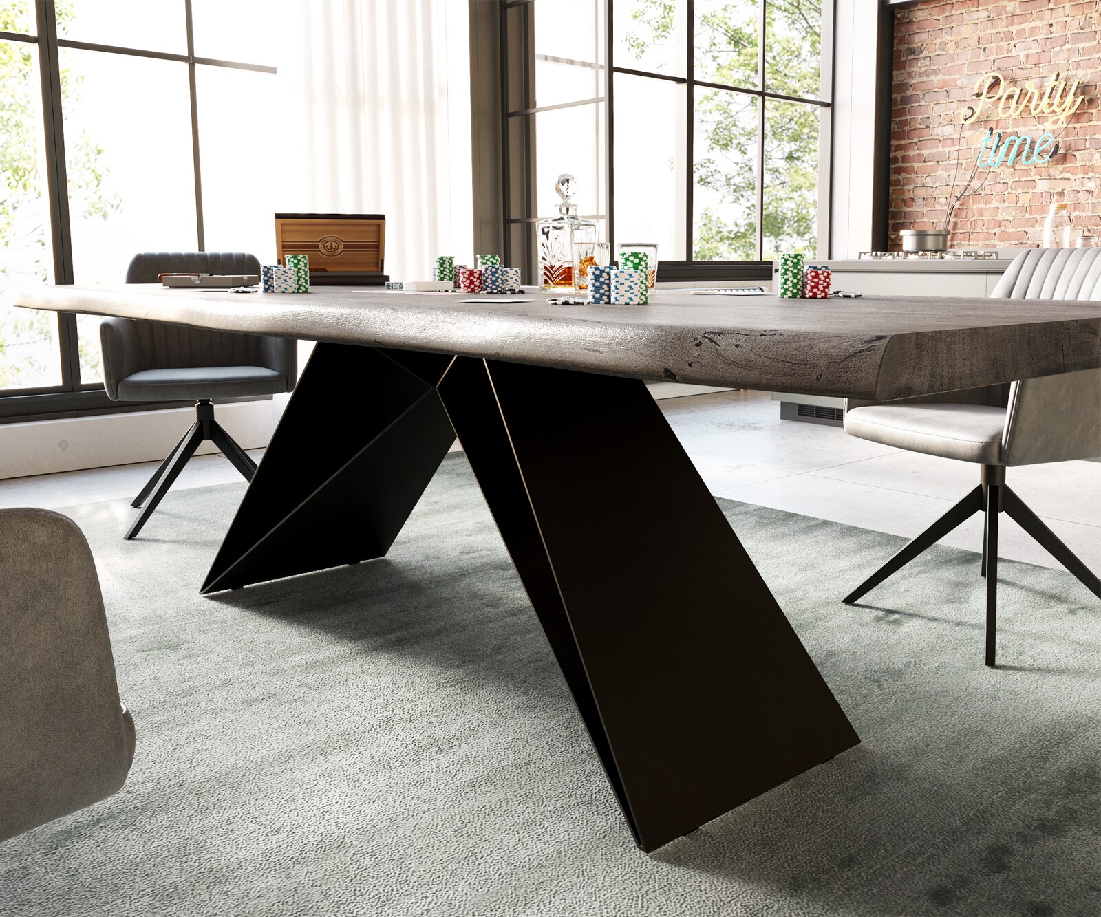 Esstisch Edge 260x100 XL Akazie Platin V-Gestell Flachstahl Schwarz Live-Edge 3