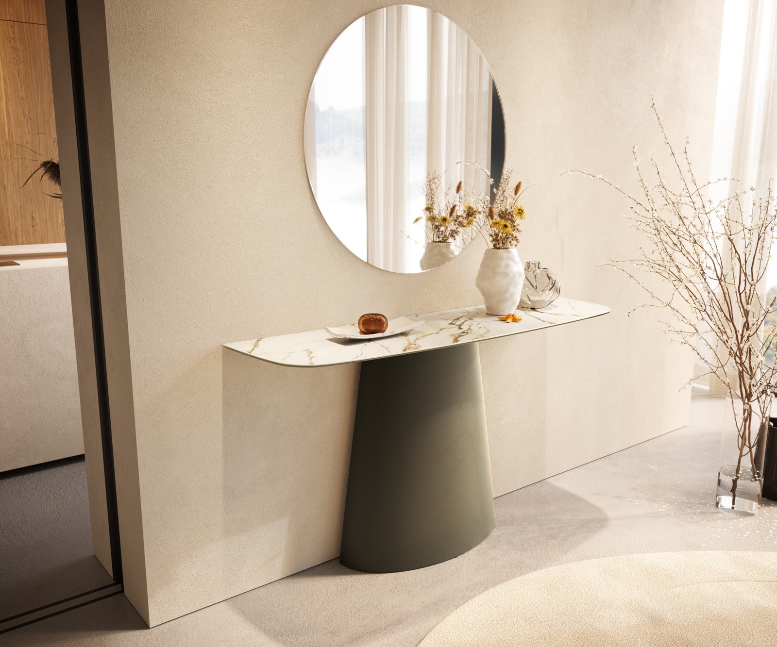 Konsolentisch Edge Boot 140x40 cm Keramik Calacatta Luxe Weiß-Gold-Grau Conos Metall Effektfinish Titan