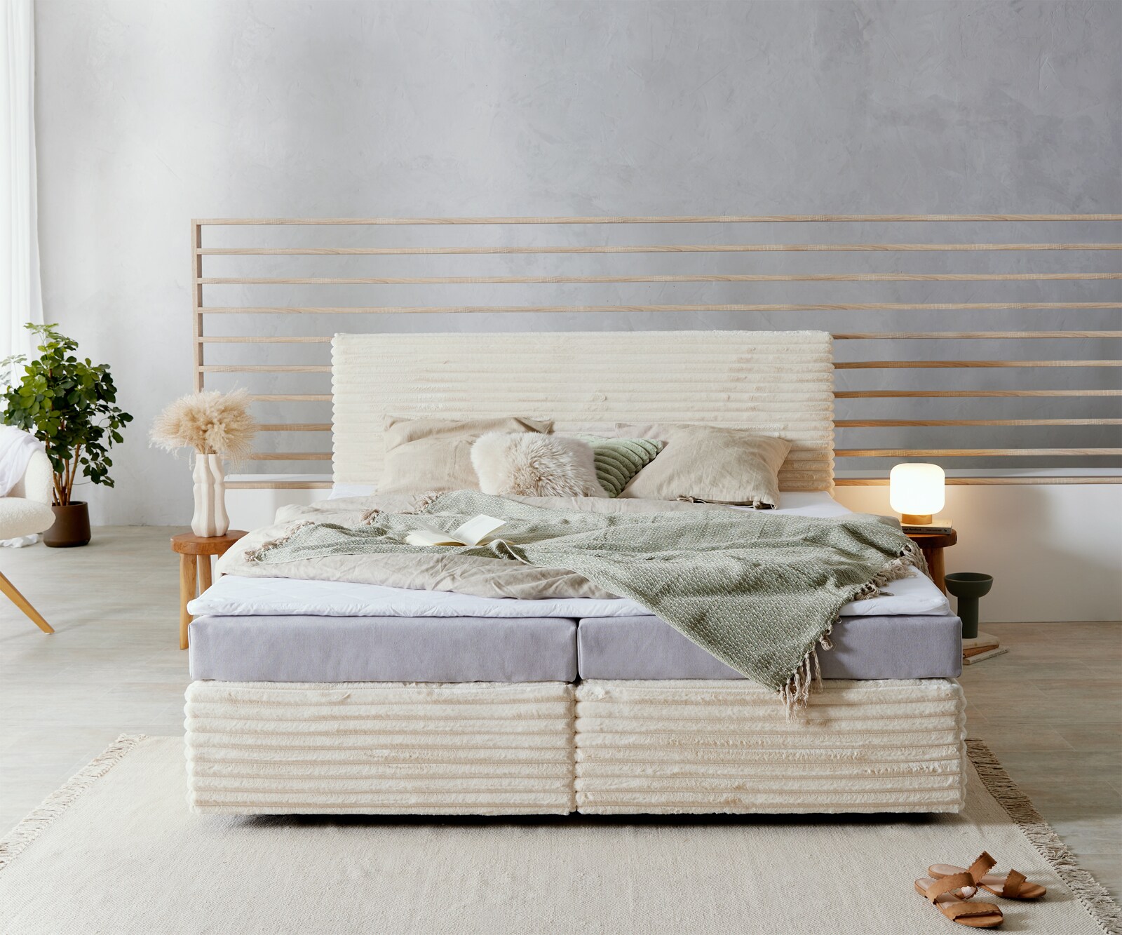 Boxspringbett Dream-Well Plüsch-Cord Beige 180x200 cm Bonell-Matratze PU-Topper 1