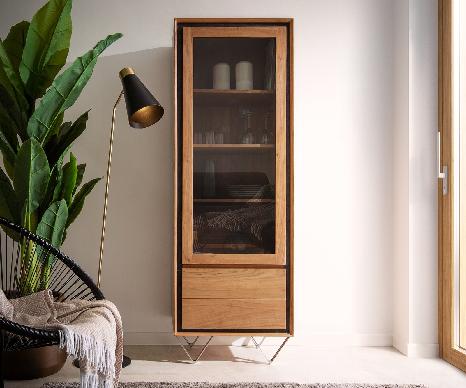 Vitrine Stonegrace 55x180 Akazie Natur 1 Tür 2 Schubladen Steinfurnier V-Fuß 1
