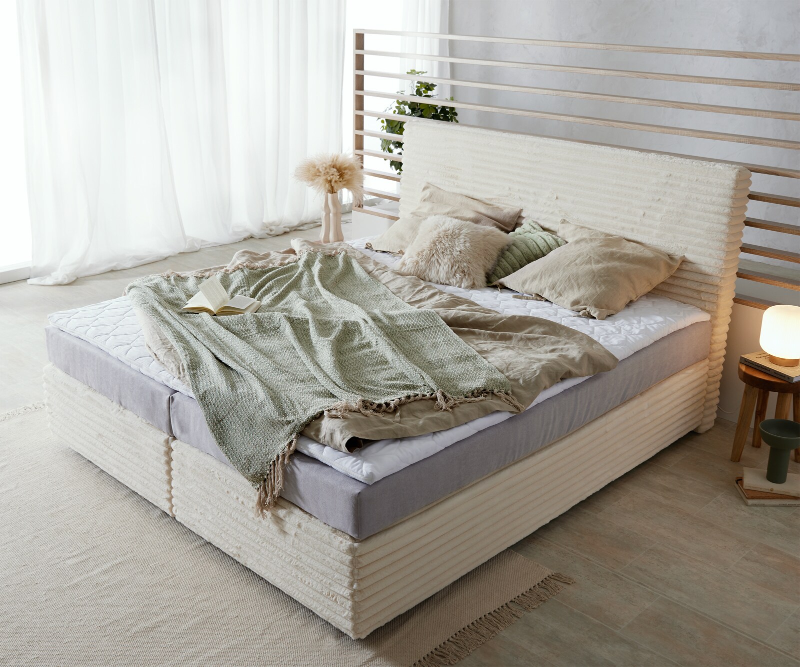 Boxspringbett Dream-Well Plüsch-Cord Beige 180x200 cm TFK-Matratze Visco-Topper 3