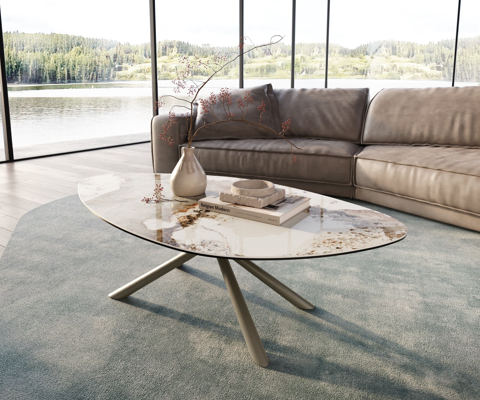 DELIFE Couchtisch Edge Organisch 140x76 cm Keramik Minas Melange Sarity Metall Effektfinish Titan