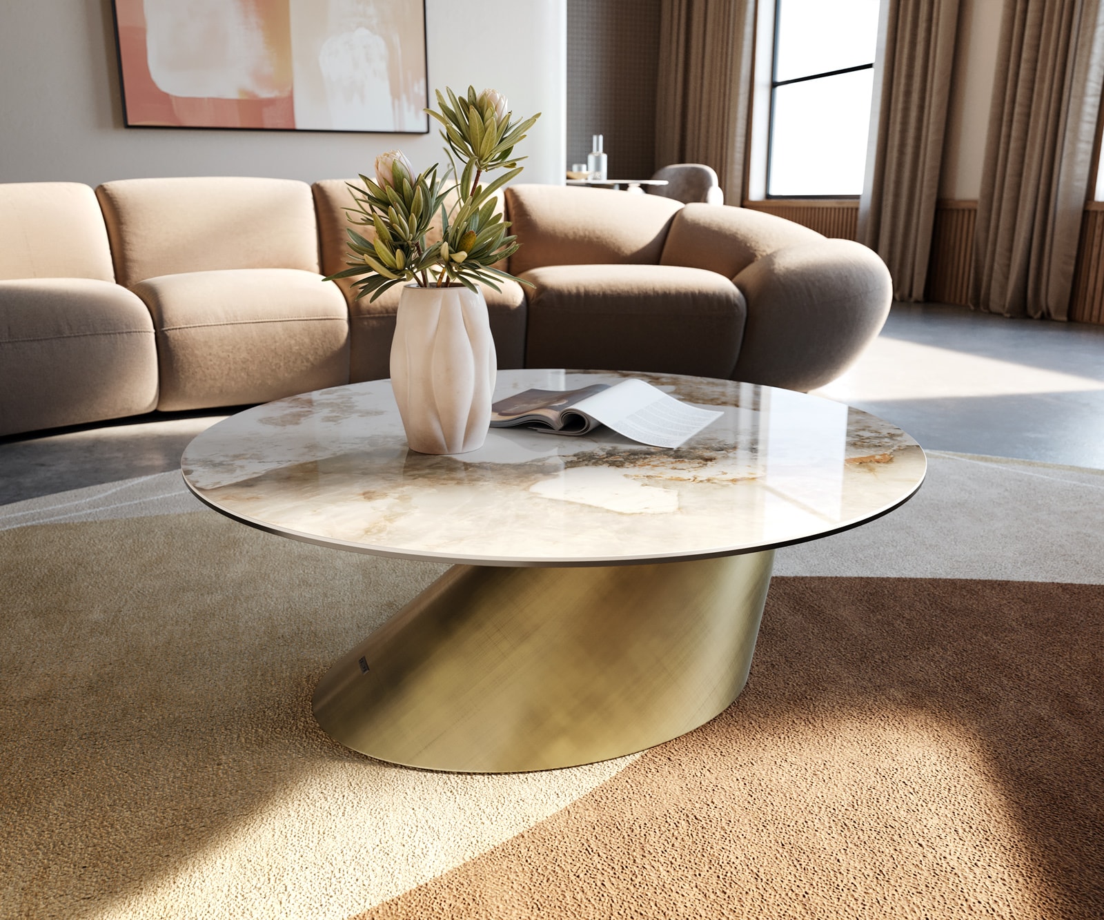 Wohnzimmertisch Edge Rund 90x90 cm Keramik Minas Melange Conis Metallic Gold